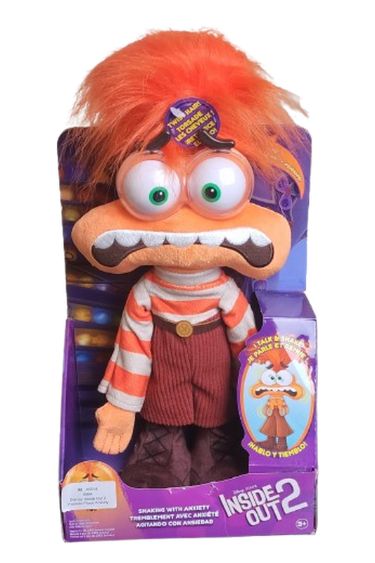 Disney Pixar Zweifel (Anxiety) Plüschfigur aus Alles steht Kopf 2 mit orangefarbenen Haaren und gestreiftem Pullover in Originalverpackung, Vorderansicht.
