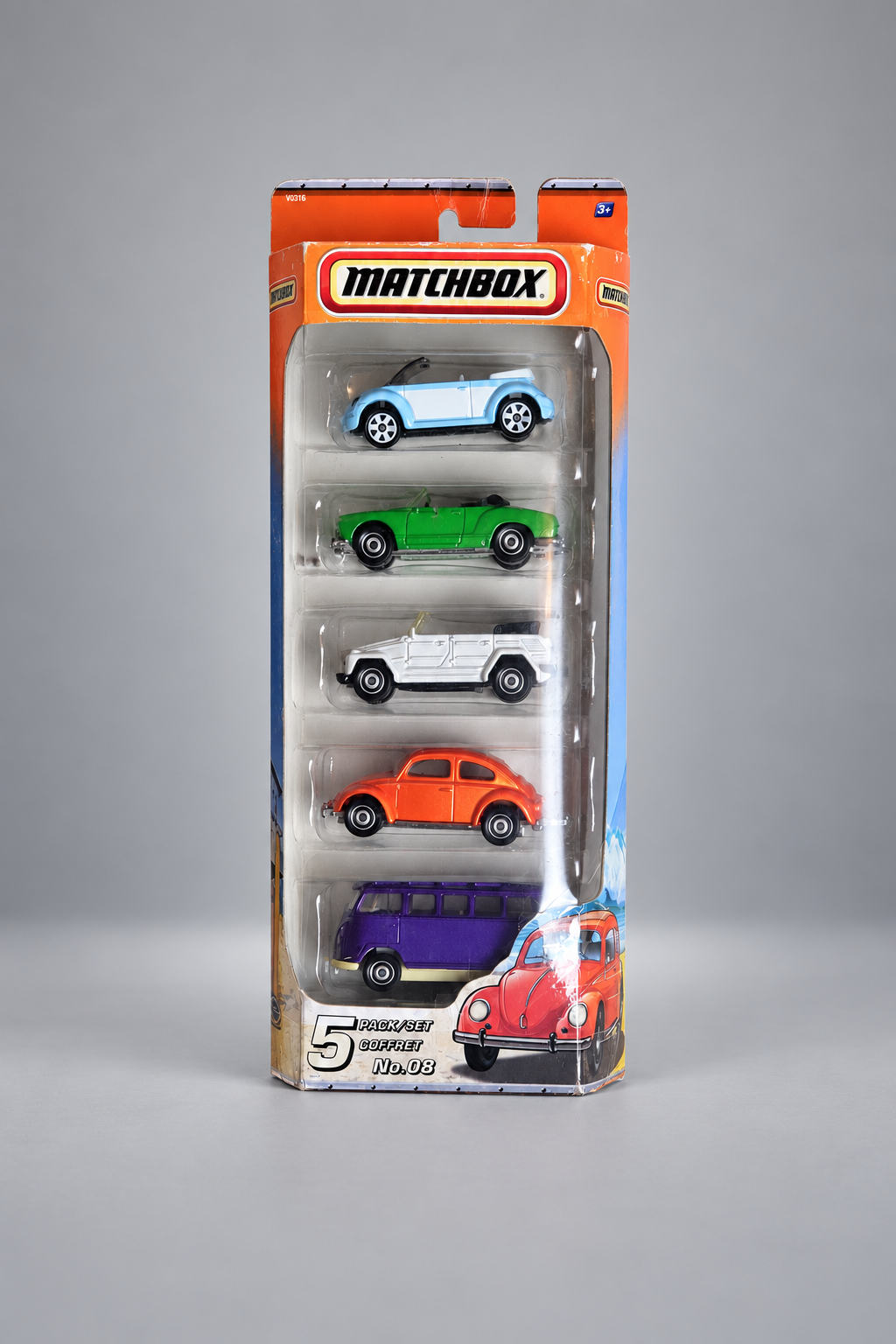 Matchbox 5 Pack Set No. 08 V0316 – fünf Volkswagen-Modelle in ungeöffneter Originalverpackung: VW Cabriolet, Karmann Ghia, Kübelwagen, Käfer und Bus