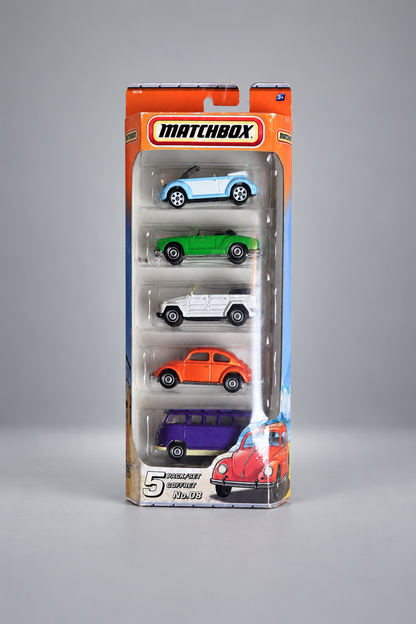 Matchbox 5 Pack Set No. 08 V0316 – fünf Volkswagen-Modelle in ungeöffneter Originalverpackung: VW Cabriolet, Karmann Ghia, Kübelwagen, Käfer und Bus