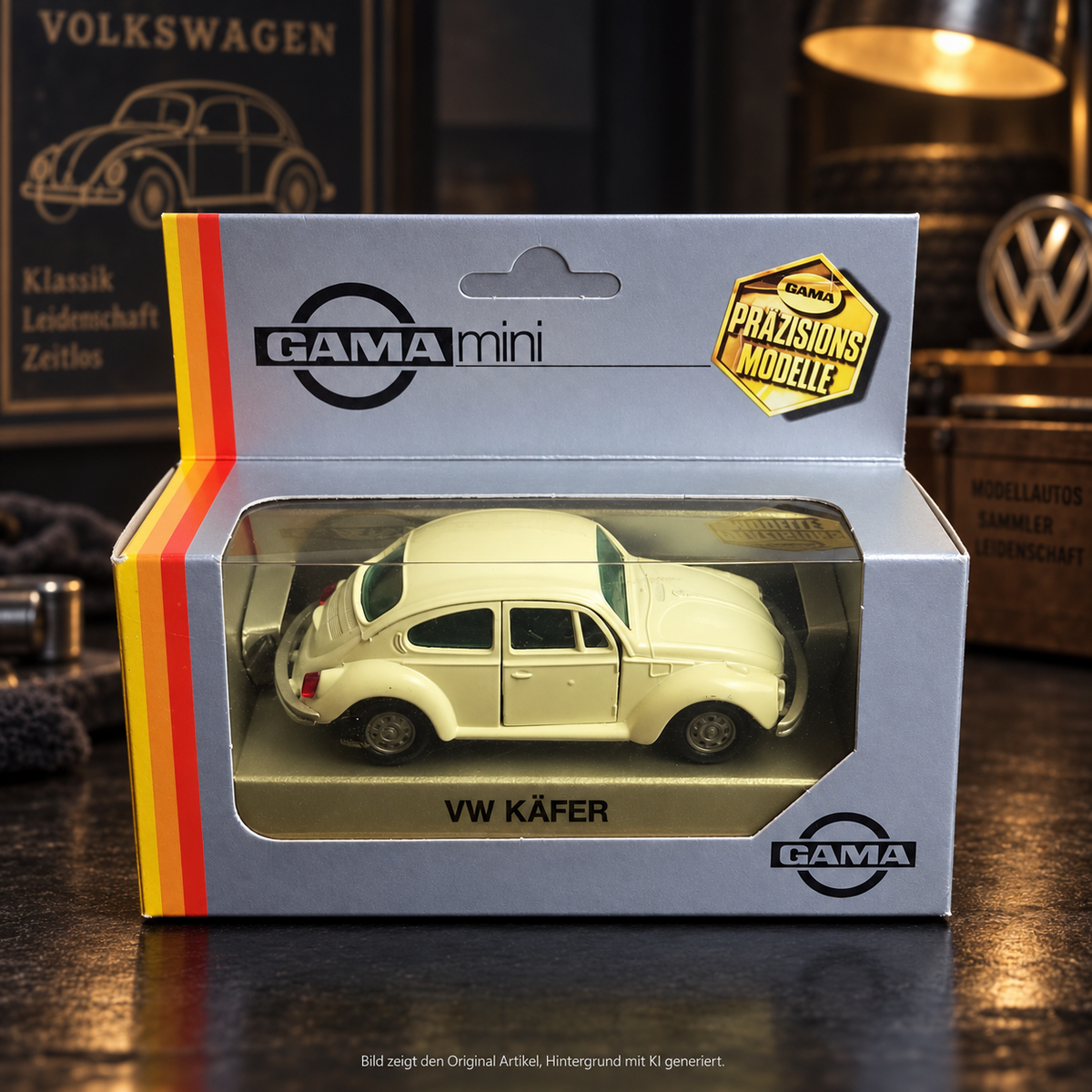 GAMA mini VW Käfer 1302 Präzisionsmodell 1104 000 – neu und unbespielt in Originalverpackung, Farbe Creme/Elfenbein