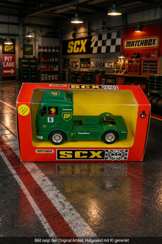 SCX Matchbox Truck-Slotcar grün mit BP Vanellus Startnummer 6 – in originaler roter OVP