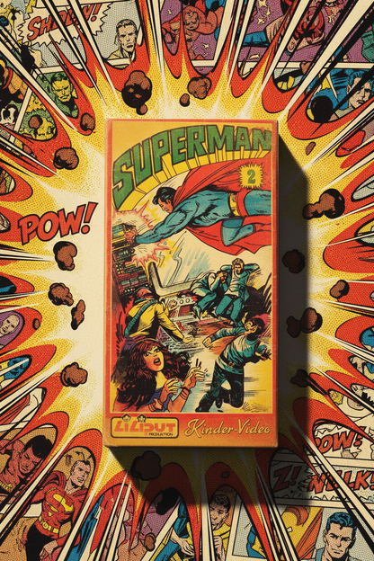 Superman 2 VHS Kassette Vorderseite – Liliput Produktion Kinder-Video, original verschweißt, Comic-Illustration mit fliegendem Superman