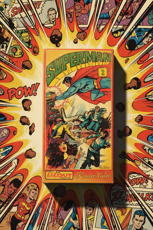 Superman 2 VHS Kassette Vorderseite – Liliput Produktion Kinder-Video, original verschweißt, Comic-Illustration mit fliegendem Superman